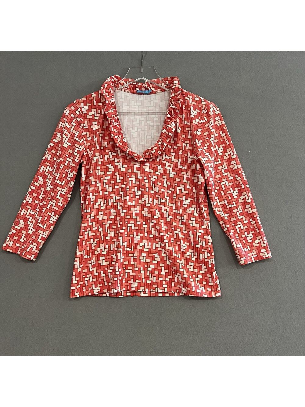 J.McLaughlin Top Small Pink/White Geometric Catalina Cloth Ruffle Necklin
